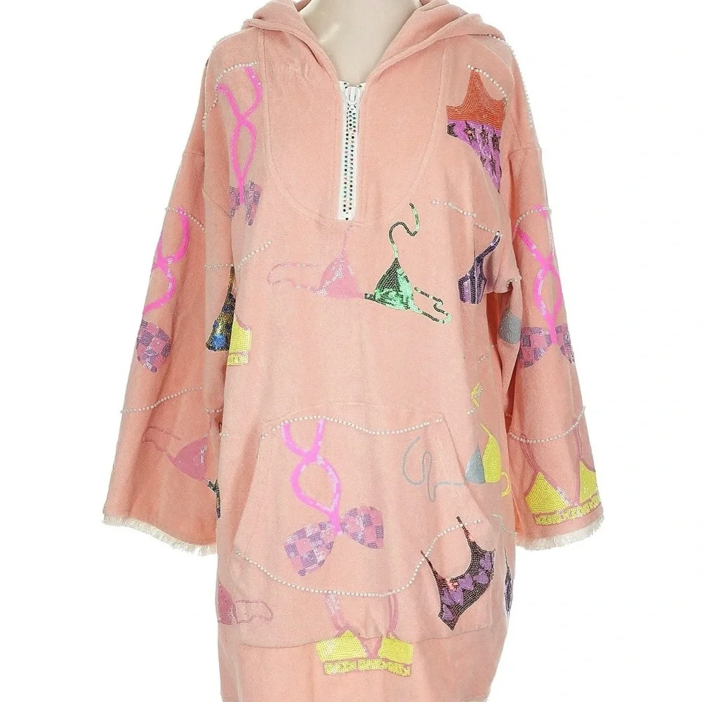 !!SOLD!! NWT QUEEN OF SPARKLES Peach Hood Swimsuit Coverup Poncho Terry - Picture 1 of 5